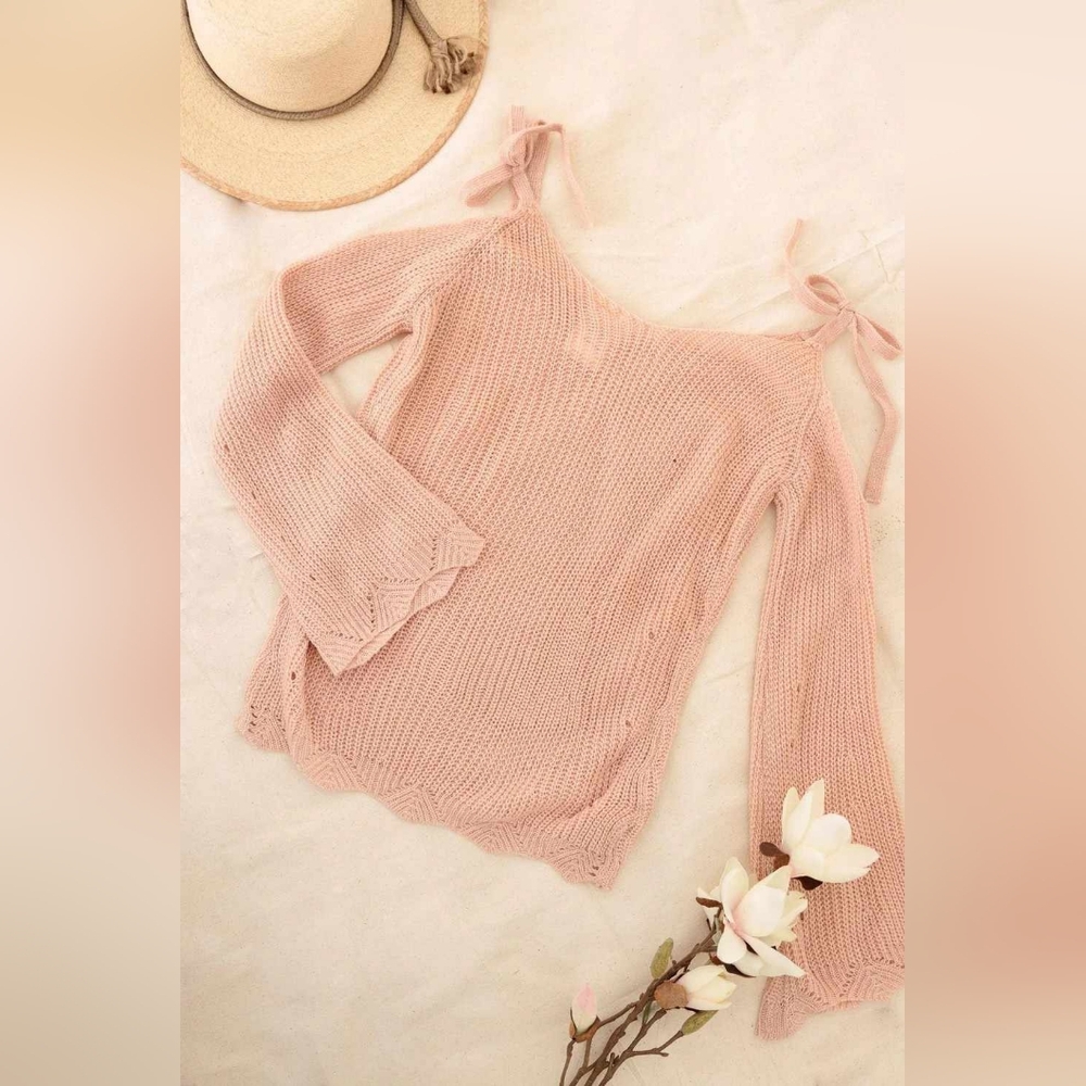 Girls Casual Solid Cold Shoulder Tie Sweater